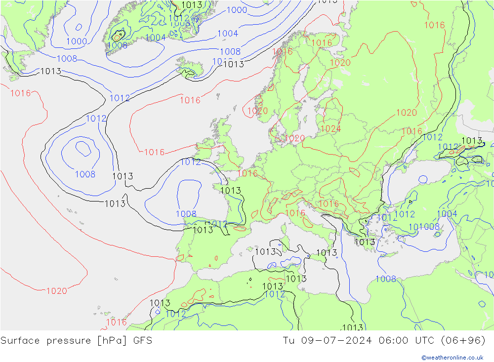 地面气压 GFS 星期二 09.07.2024 06 UTC