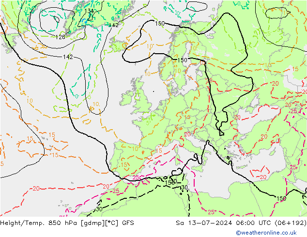 Hoogte/Temp. 850 hPa GFS za 13.07.2024 06 UTC