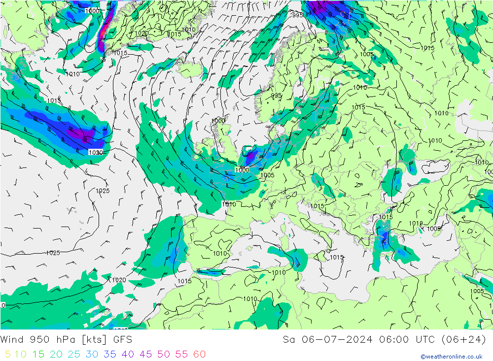 Wind 950 hPa GFS za 06.07.2024 06 UTC