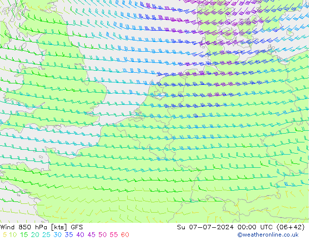 Wind 850 hPa GFS zo 07.07.2024 00 UTC