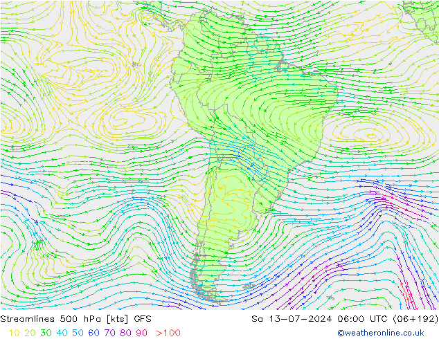 风 500 hPa GFS 星期六 13.07.2024 06 UTC