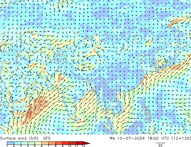 Wind 10 m (bft) GFS wo 10.07.2024 18 UTC