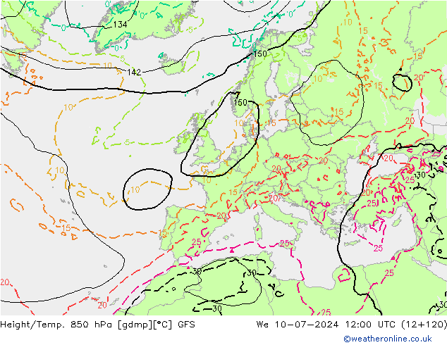 Z500/Rain (+SLP)/Z850 GFS 星期三 10.07.2024 12 UTC