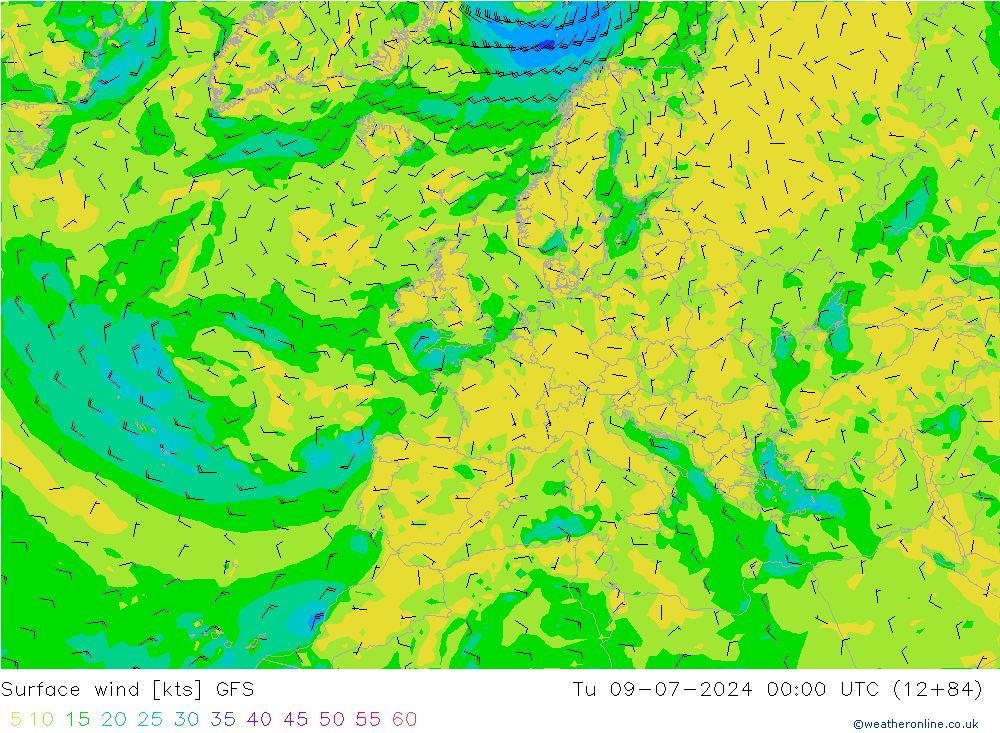 Wind 10 m GFS di 09.07.2024 00 UTC