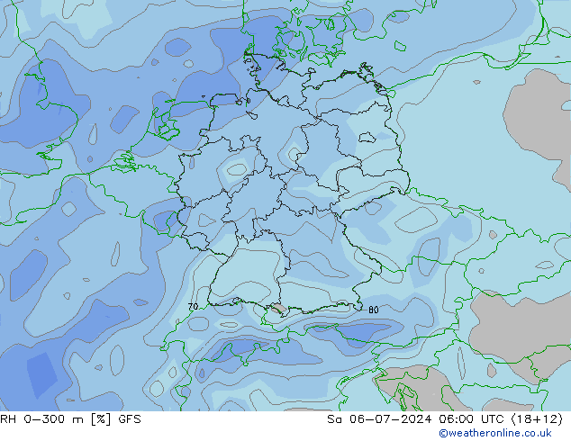 RH 0-300 m GFS 星期六 06.07.2024 06 UTC