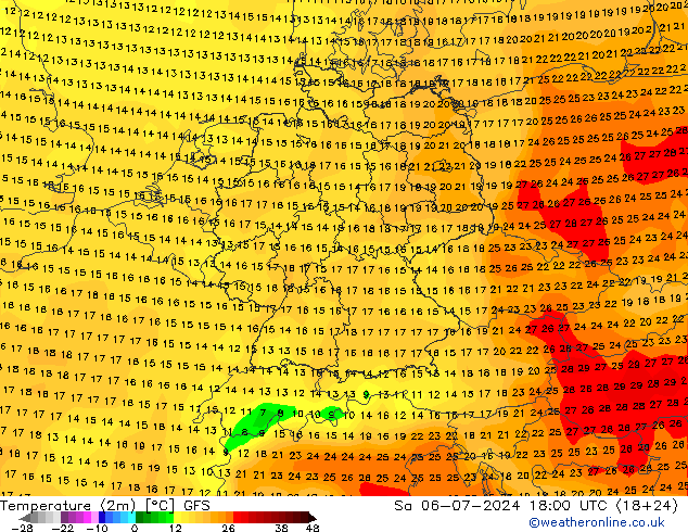 Temperatuurkaart (2m) GFS za 06.07.2024 18 UTC