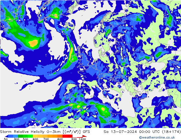 Storm Relative Helicity GFS 星期六 13.07.2024 00 UTC