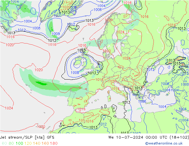 高速氣流/地面气压 GFS 星期三 10.07.2024 00 UTC