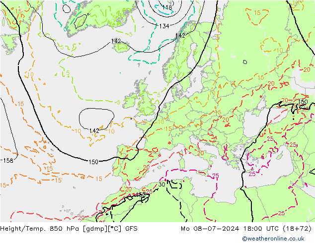 Hoogte/Temp. 850 hPa GFS ma 08.07.2024 18 UTC