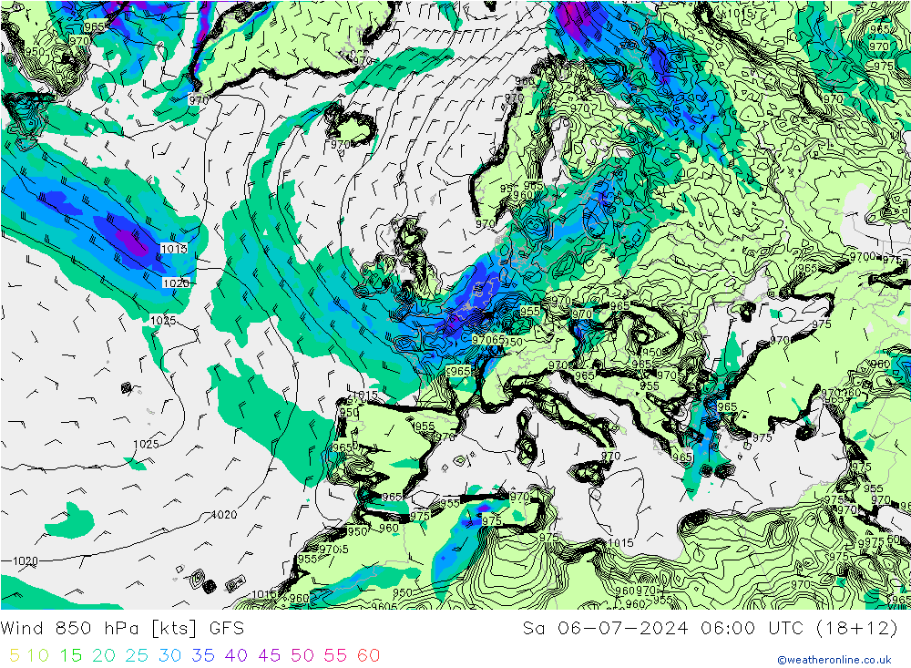 风 850 hPa GFS 星期六 06.07.2024 06 UTC