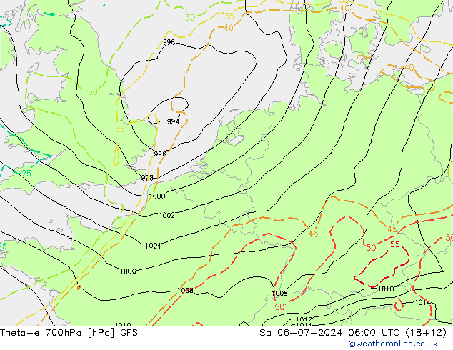 Theta-e 700hPa GFS 星期六 06.07.2024 06 UTC
