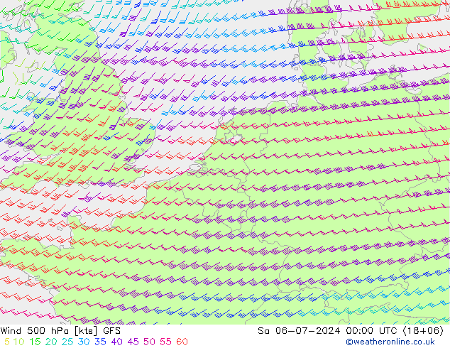 风 500 hPa GFS 星期六 06.07.2024 00 UTC