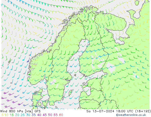风 850 hPa GFS 星期六 13.07.2024 18 UTC