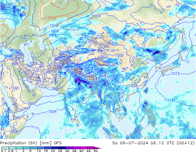 Totale neerslag (6h) GFS za 06.07.2024 12 UTC