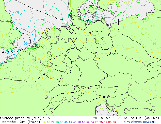 10米等风速线 (kph) GFS 星期三 10.07.2024 00 UTC