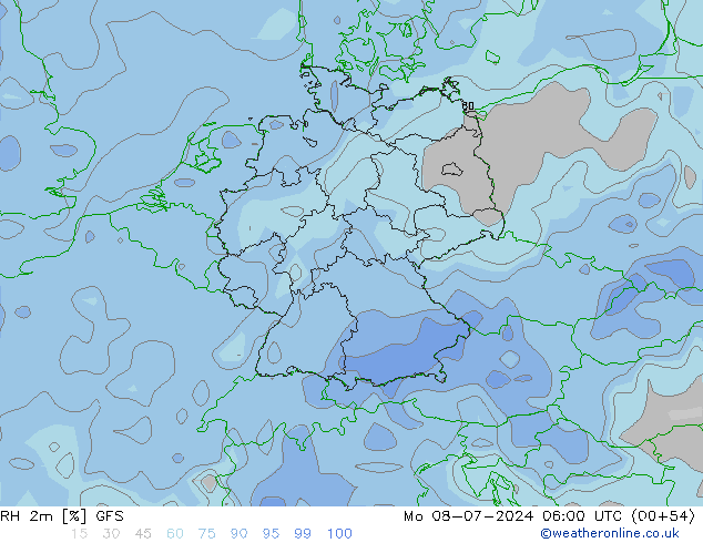 RH 2m GFS 星期一 08.07.2024 06 UTC