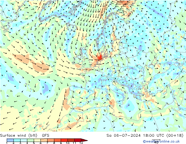 Wind 10 m (bft) GFS za 06.07.2024 18 UTC