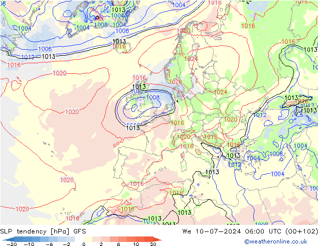 Druktendens (+/-) GFS wo 10.07.2024 06 UTC