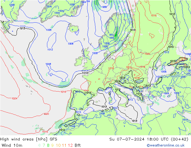 High wind areas GFS 星期日 07.07.2024 18 UTC