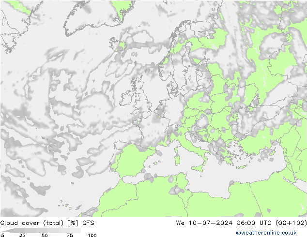 Bewolking (Totaal) GFS wo 10.07.2024 06 UTC
