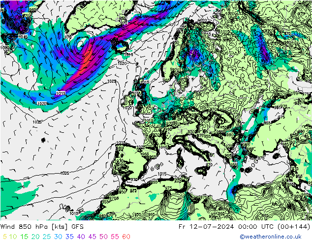风 850 hPa GFS 星期五 12.07.2024 00 UTC