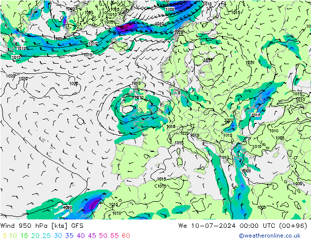 风 950 hPa GFS 星期三 10.07.2024 00 UTC