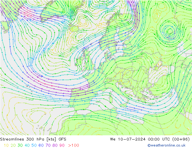 风 300 hPa GFS 星期三 10.07.2024 00 UTC