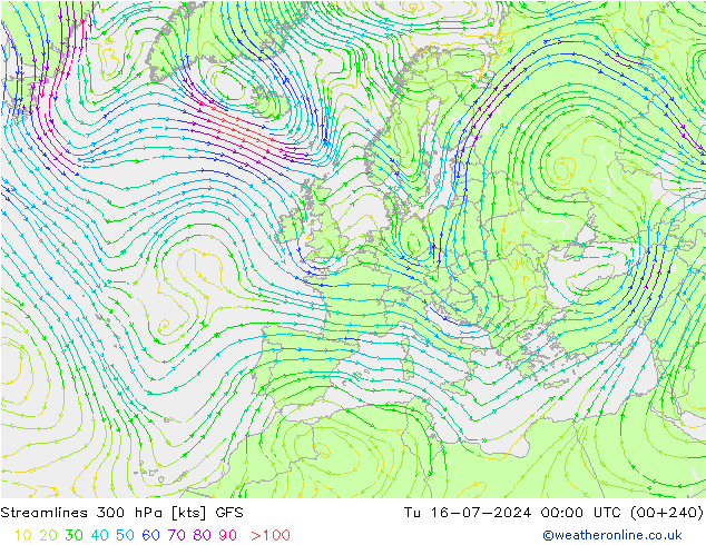 风 300 hPa GFS 星期二 16.07.2024 00 UTC