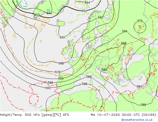 Z500/Rain (+SLP)/Z850 GFS 星期三 10.07.2024 00 UTC