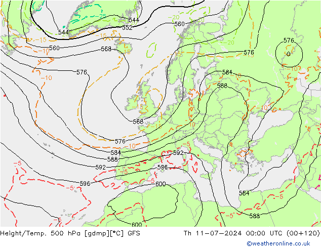 Z500/Rain (+SLP)/Z850 GFS 星期四 11.07.2024 00 UTC