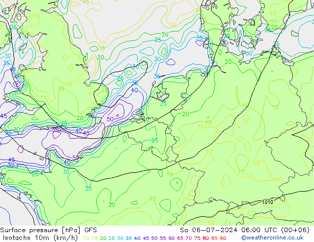 10米等风速线 (kph) GFS 星期六 06.07.2024 06 UTC