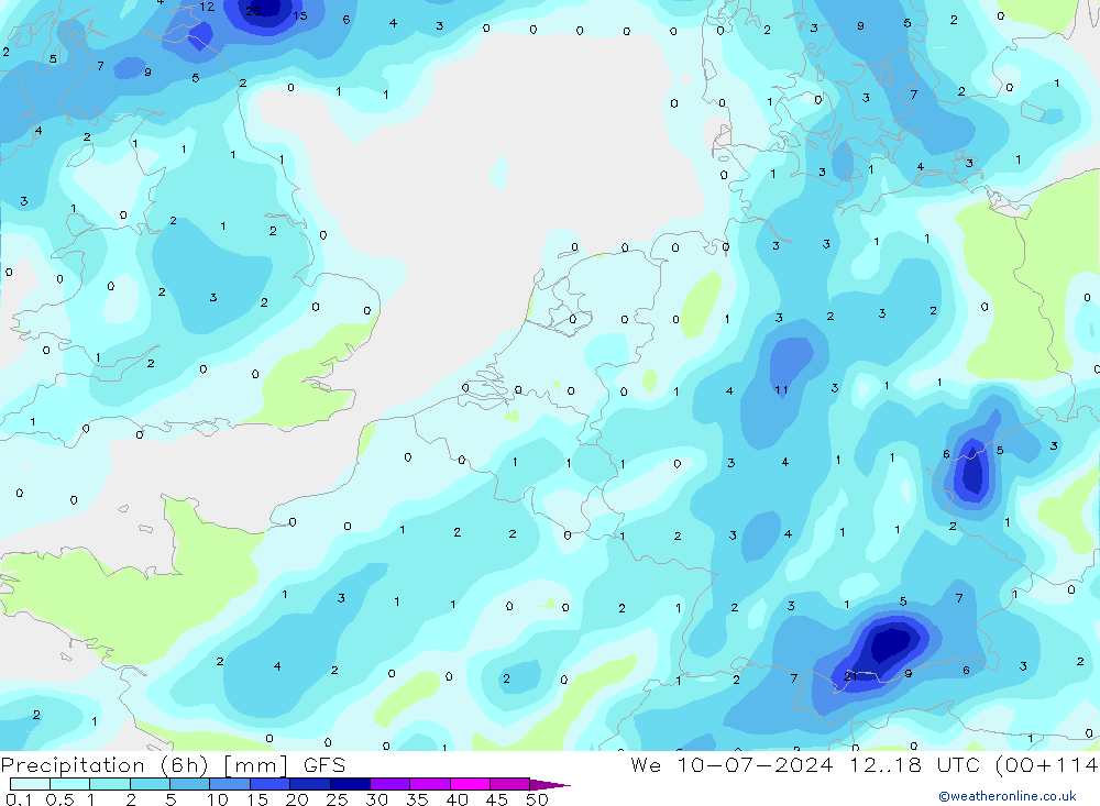 降水量 (6h) GFS 星期三 10.07.2024 18 UTC