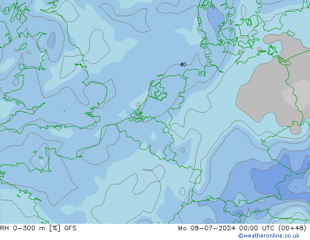 RH 0-300 m GFS 星期一 08.07.2024 00 UTC