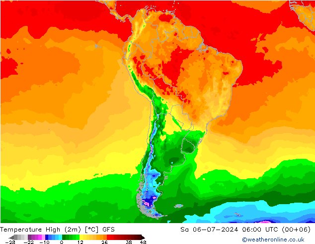Temperature High (2m) GFS 星期六 06.07.2024 06 UTC
