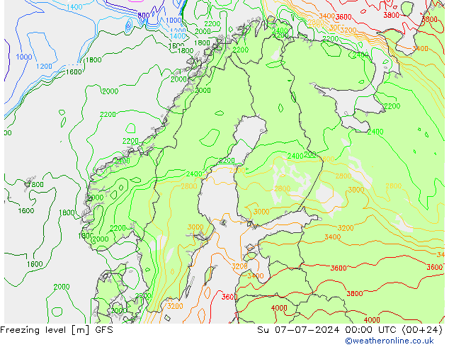 Nulgradenniveau GFS zo 07.07.2024 00 UTC