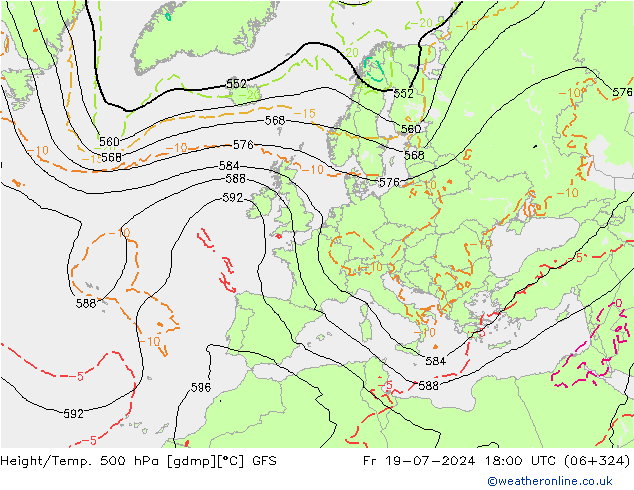 Hoogte/Temp. 500 hPa GFS vr 19.07.2024 18 UTC