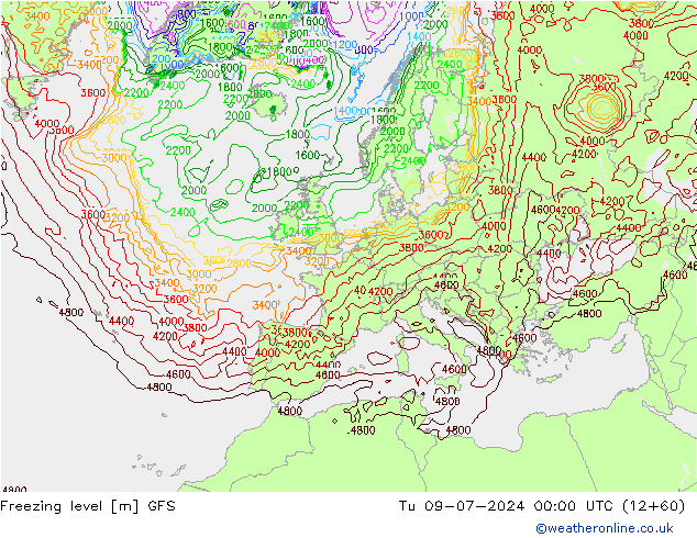 Freezing level GFS 星期二 09.07.2024 00 UTC