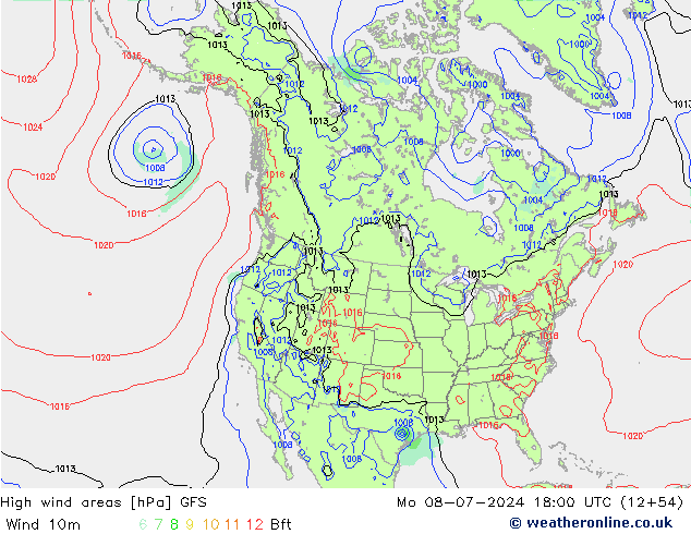 High wind areas GFS 星期一 08.07.2024 18 UTC