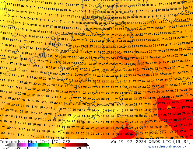 Temperature High (2m) GFS 星期三 10.07.2024 06 UTC