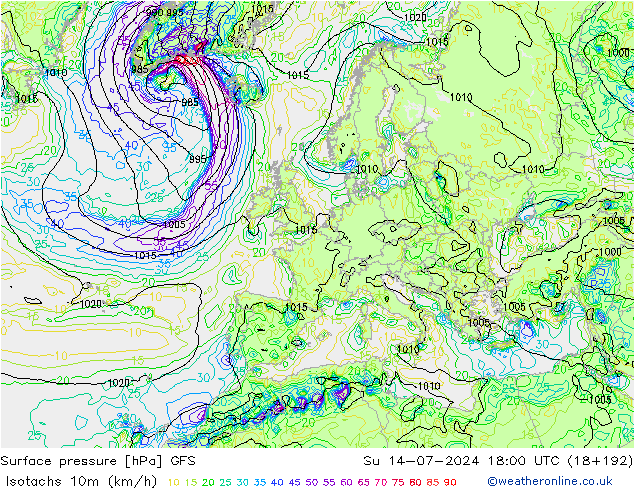 10米等风速线 (kph) GFS 星期日 14.07.2024 18 UTC