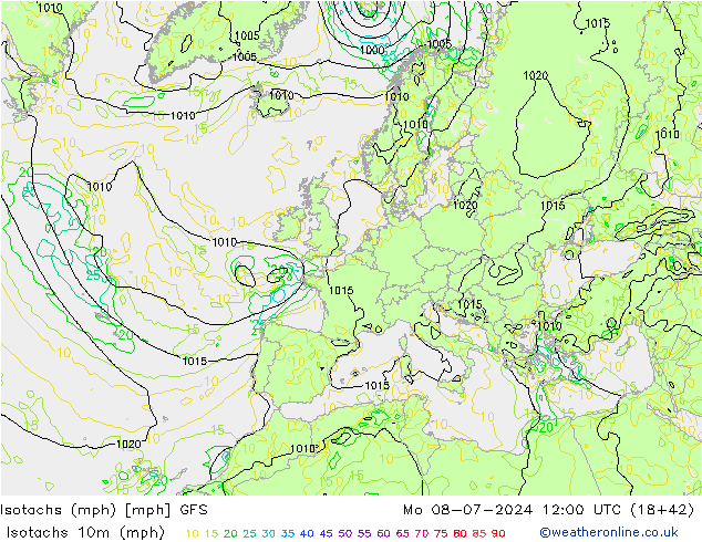 Isotachs (mph) GFS 星期一 08.07.2024 12 UTC