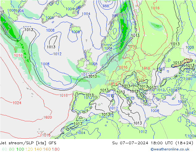 高速氣流/地面气压 GFS 星期日 07.07.2024 18 UTC