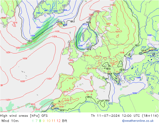 High wind areas GFS 星期四 11.07.2024 12 UTC