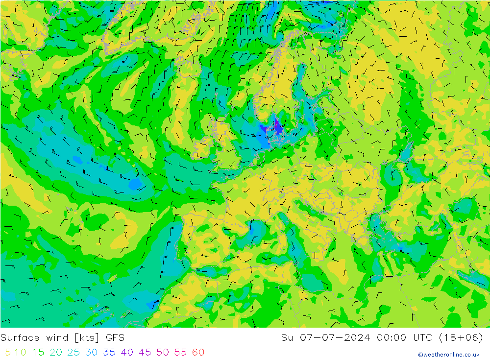 Prec 6h/Wind 10m/950 GFS 星期日 07.07.2024 00 UTC
