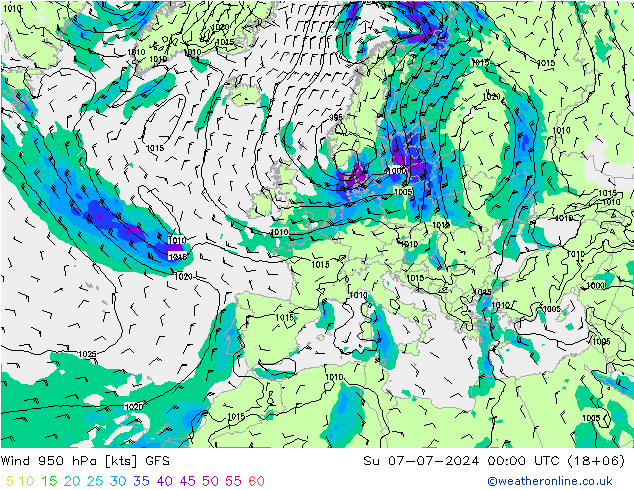 Neerslag 6h/Wind 10m/950 GFS zo 07.07.2024 00 UTC