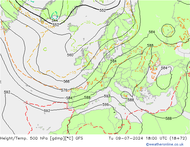 Z500/Rain (+SLP)/Z850 GFS 星期二 09.07.2024 18 UTC