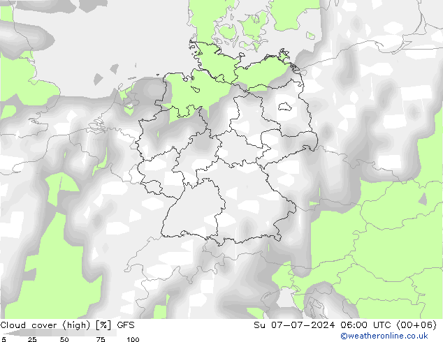 Bewolking (Hoog,Middelb.,Laag) GFS zo 07.07.2024 06 UTC