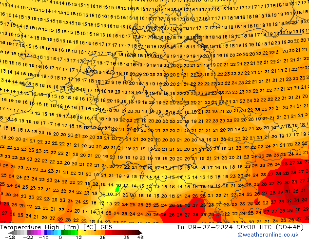 Max.temperatuur (2m) GFS di 09.07.2024 00 UTC