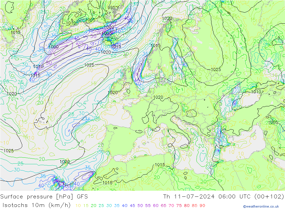 10米等风速线 (kph) GFS 星期四 11.07.2024 06 UTC