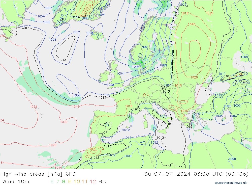 Windvelden GFS zo 07.07.2024 06 UTC
